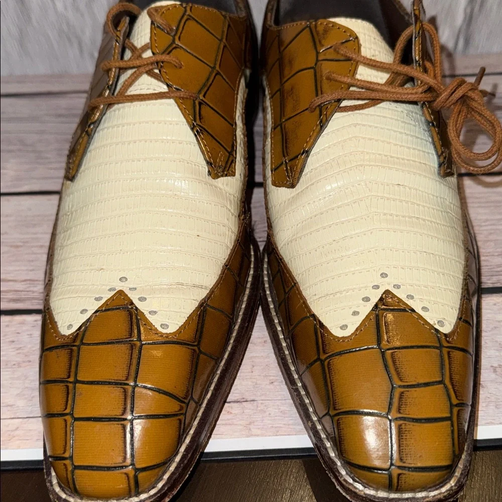 Stacy Adams Trazino Mustard Multi Crocodile-Lizard Print Leather Wingtip Oxford